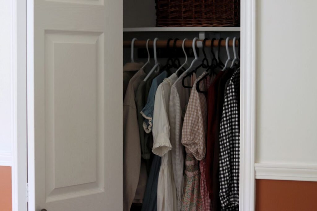 dresses and shirts hanging in a closet