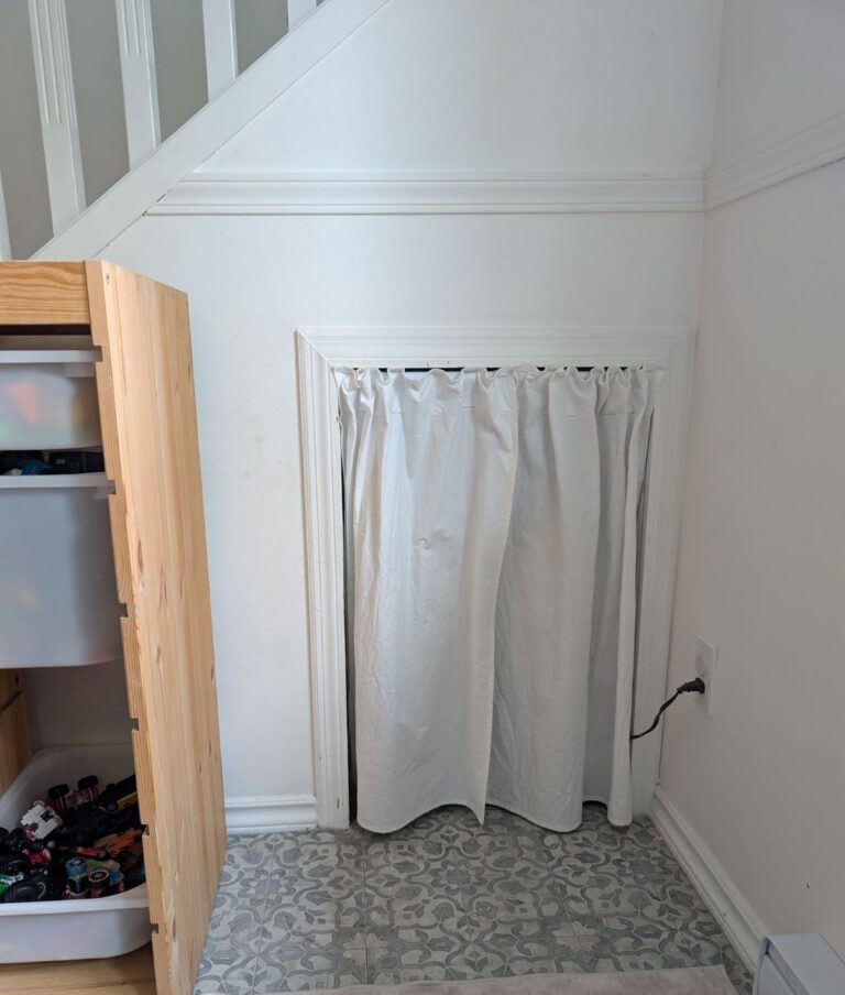 diy curtains covering under stairs entrance