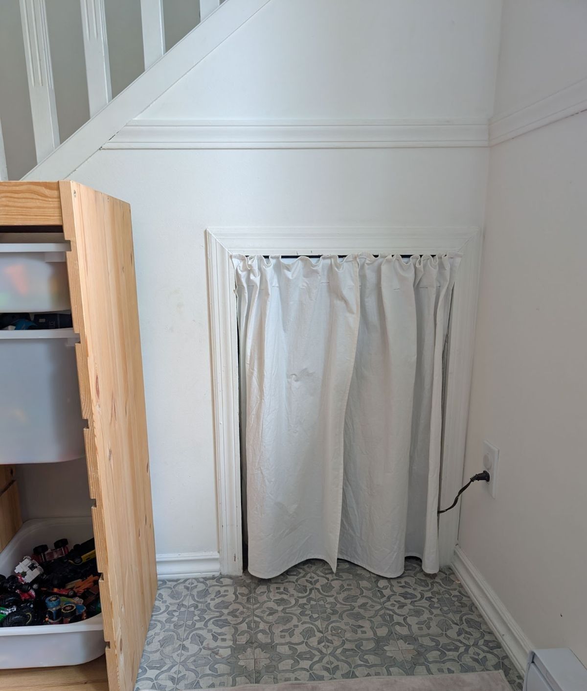 diy curtains covering under stairs entrance
